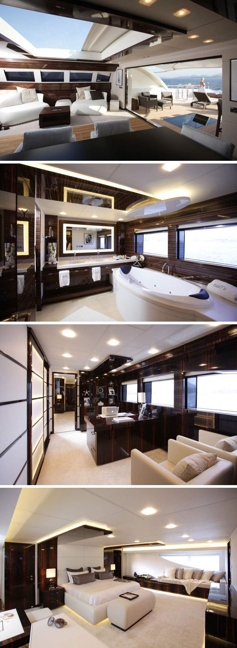Extending over the entire width of the hull, the owner’s suite, like a boutique hotel on water, has been carefully considered. Comprising of a luxurious bathroom, an office, which can be used as a gym, sauna, or multi-functional room and three walk-in wardrobes, the atmosphere is one of intimacy and coziness.